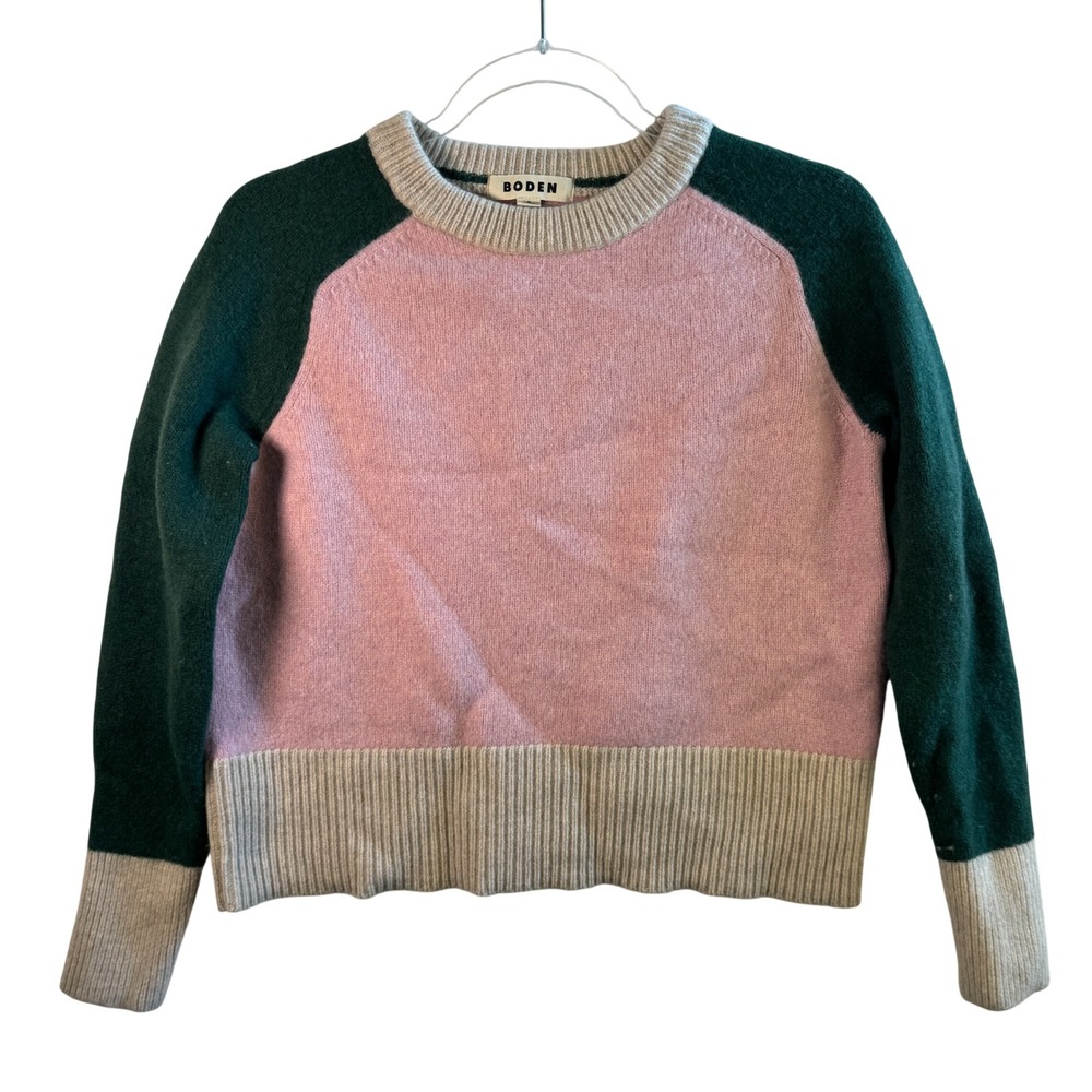 Boden Colorblock Sweater 100% Wool Pink Green Tan Knit Pullover‎ Women's Size M